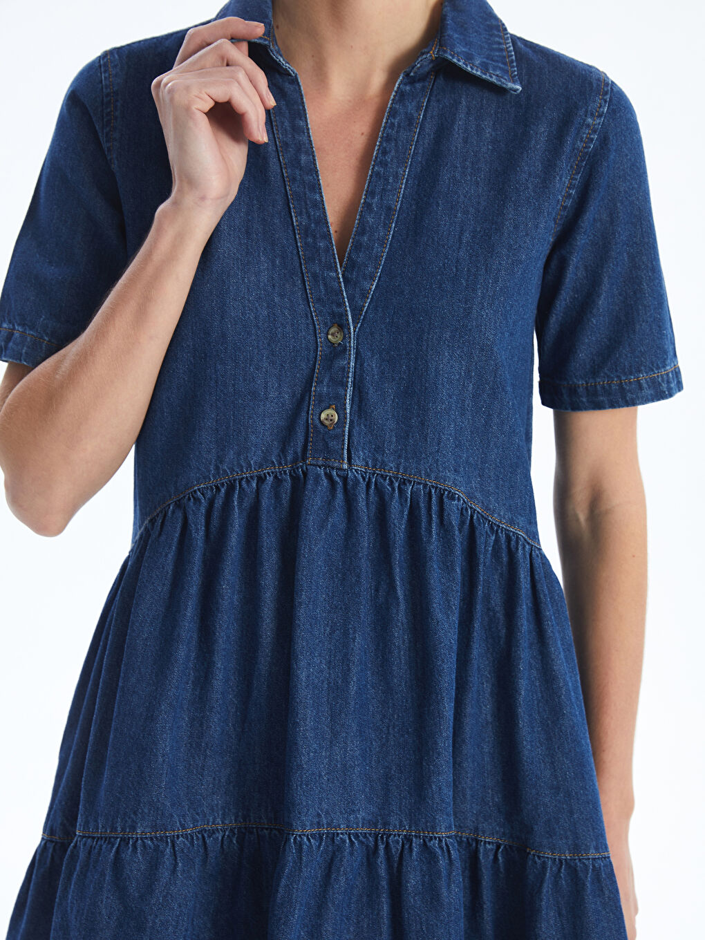 LC Waikiki Collared Neck Plain Short Sleeve Women's Denim Dress -S4H411Z8-507