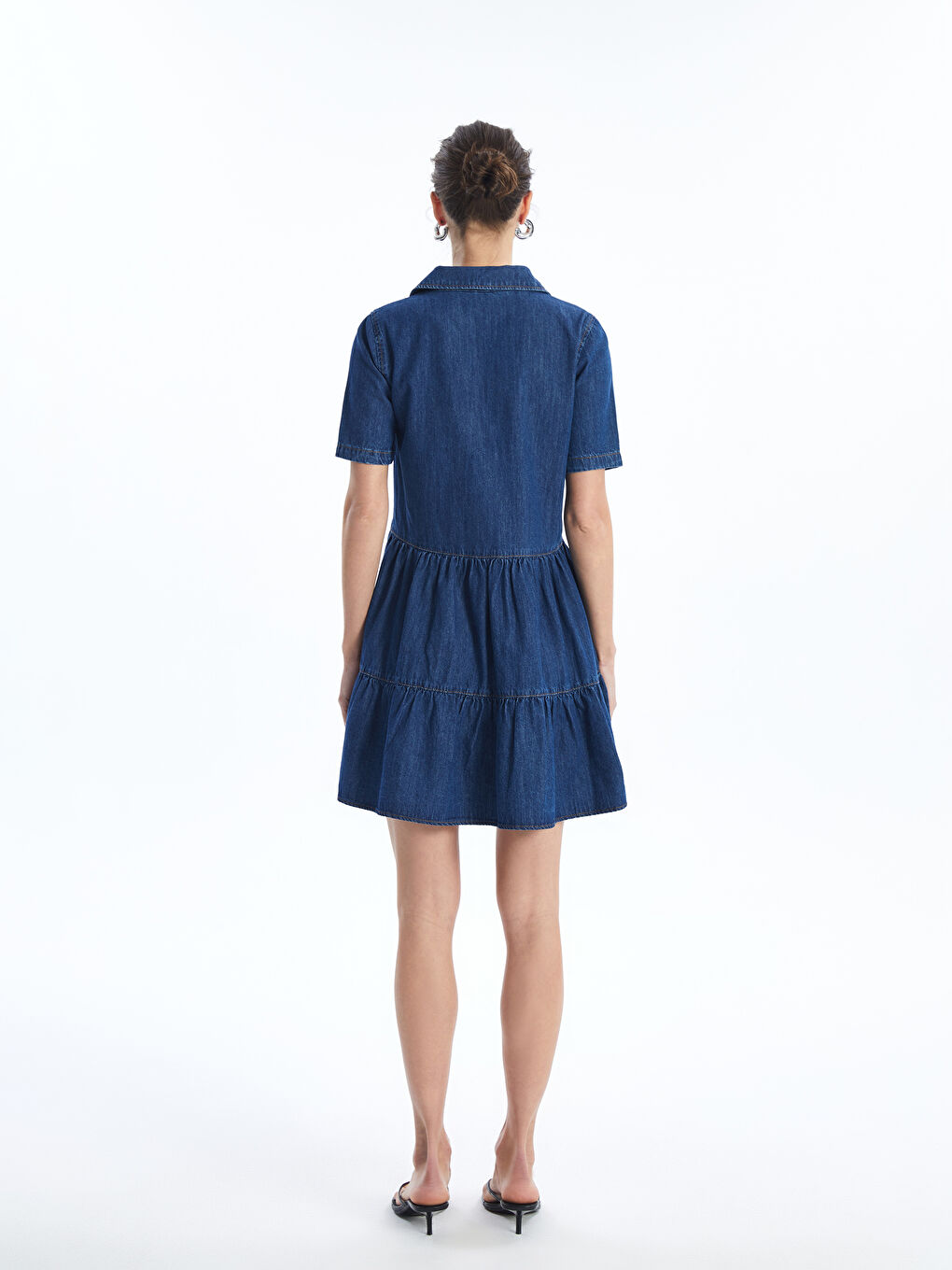 LC Waikiki Collared Neck Plain Short Sleeve Women's Denim Dress -S4H411Z8-507