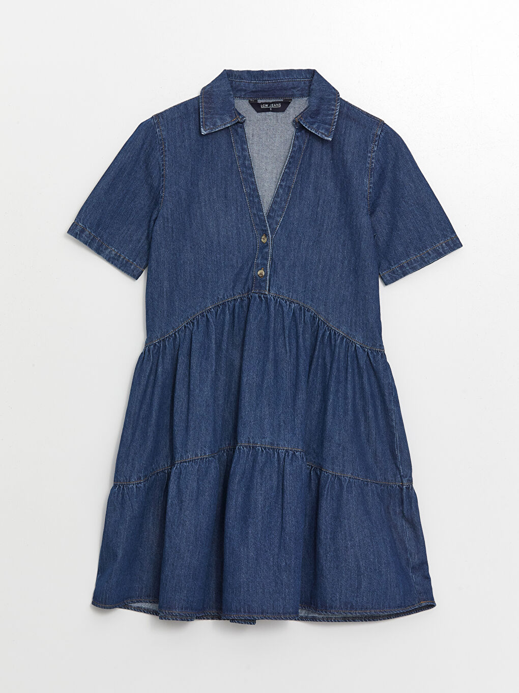 LC Waikiki Collared Neck Plain Short Sleeve Women's Denim Dress -S4H411Z8-507