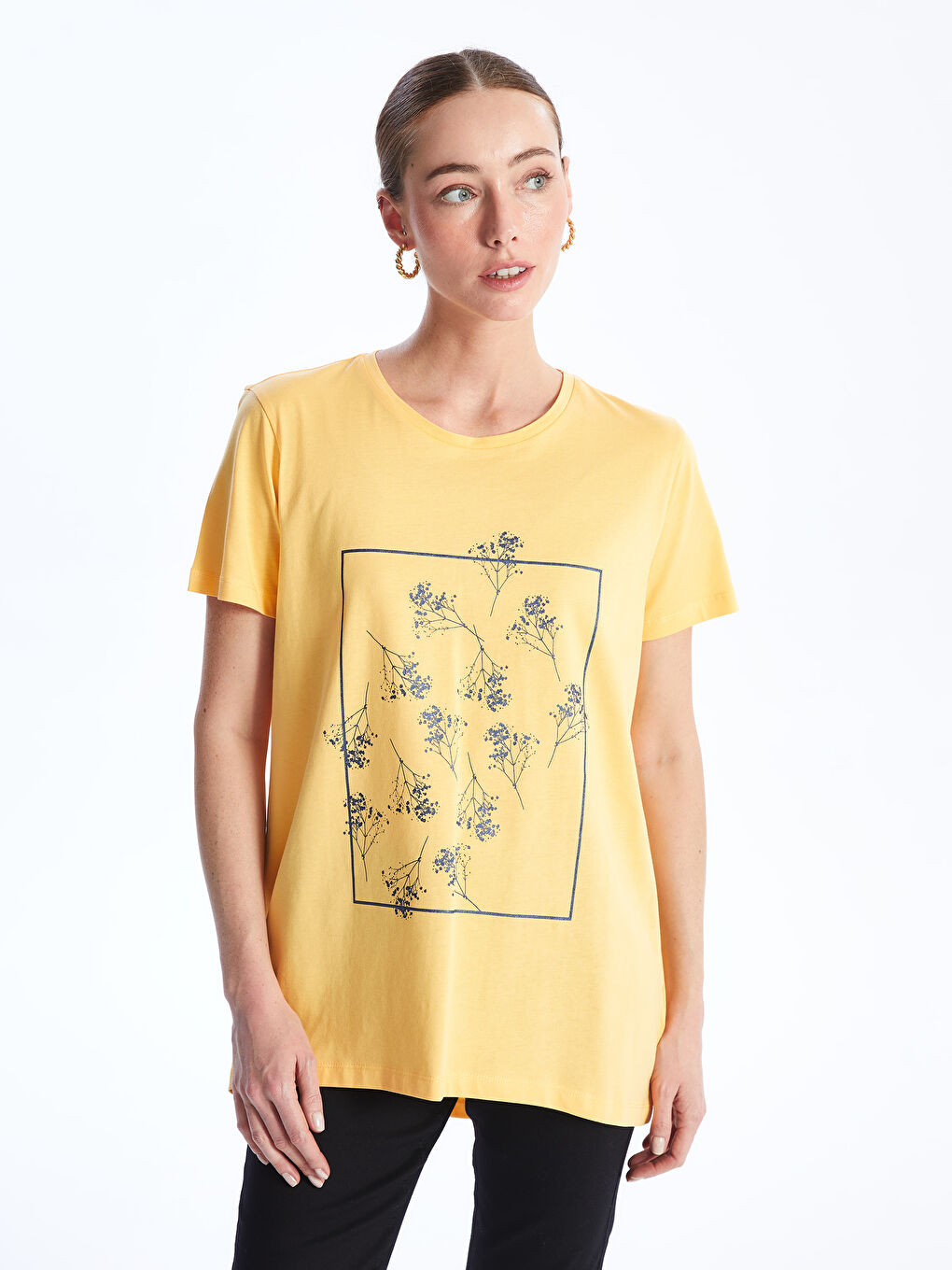Sarı Bisiklet Yaka Baskılı Kısa Kollu Kadın Tişört