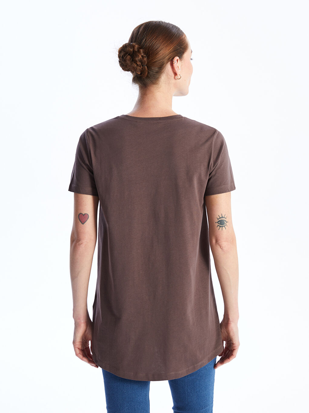 Kahverengi Bisiklet Yaka Baskılı Kısa Kollu Kadın Tişört-4