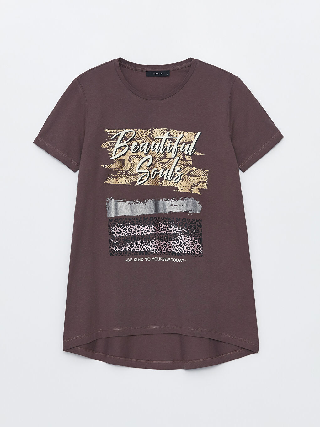 Kahverengi Bisiklet Yaka Baskılı Kısa Kollu Kadın Tişört-5