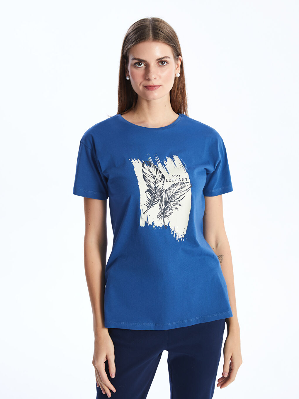 Mavi Bisiklet Yaka Baskılı Kısa Kollu Kadın Tişört