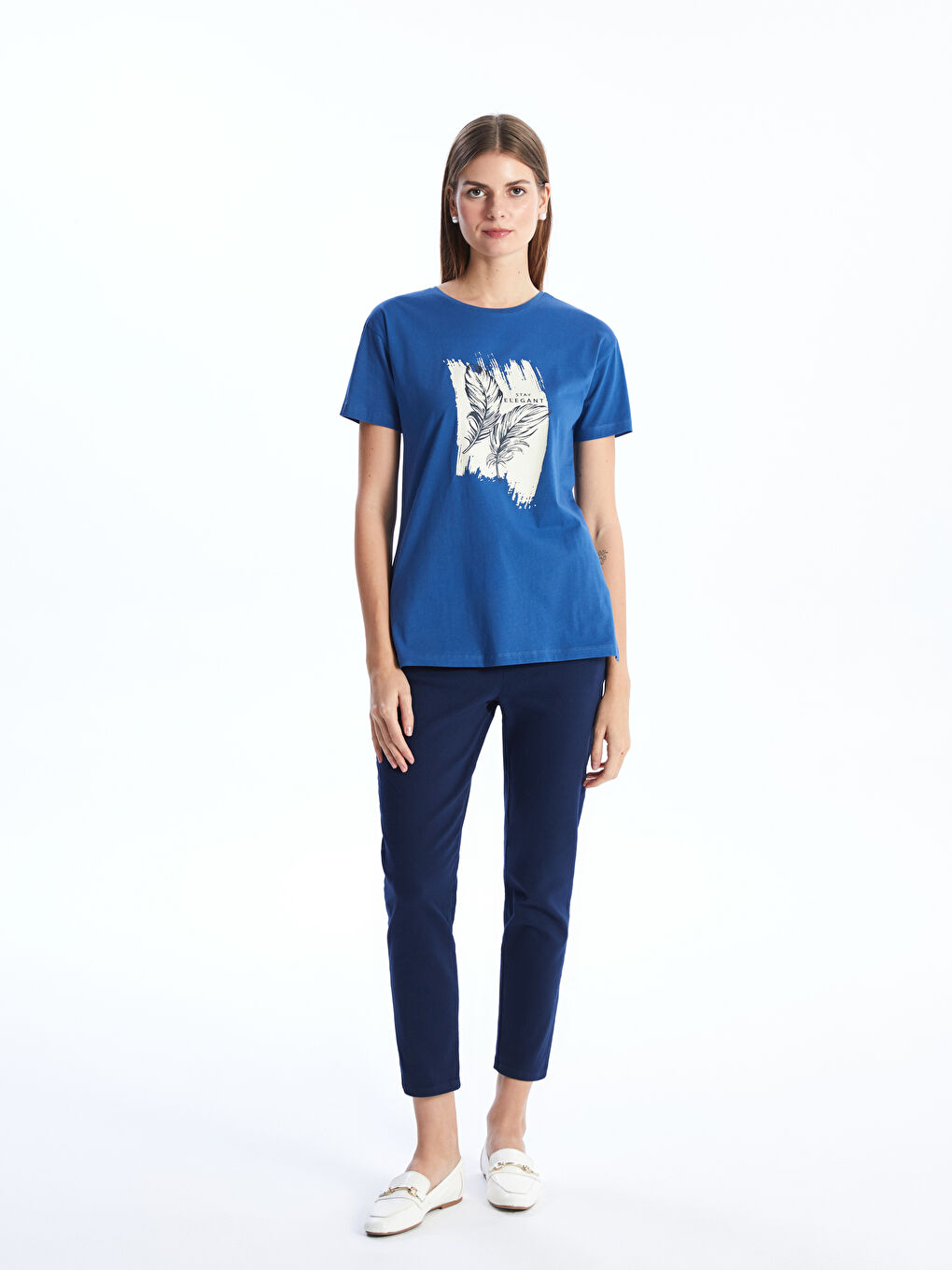 Mavi Bisiklet Yaka Baskılı Kısa Kollu Kadın Tişört-1