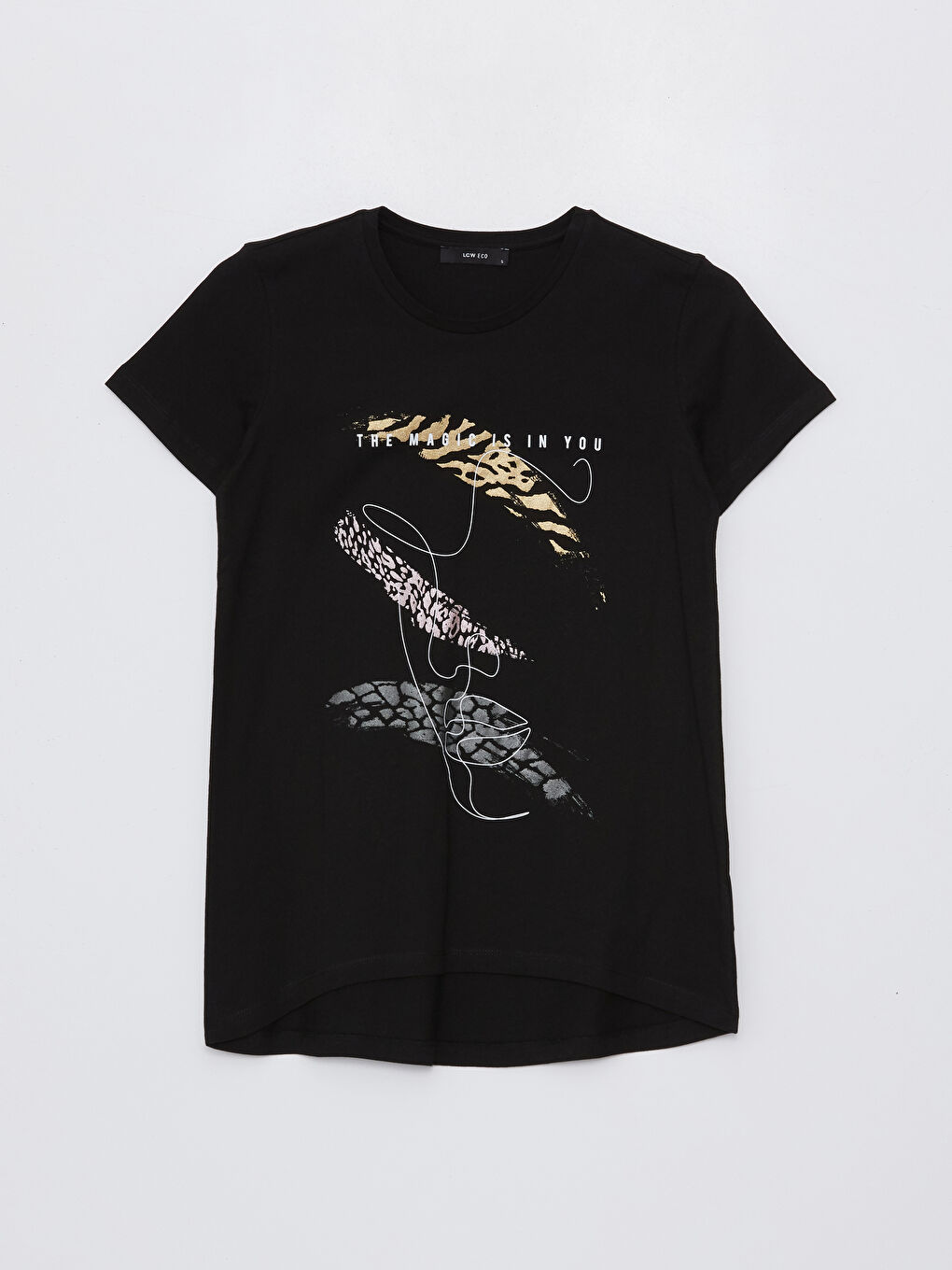 Siyah Bisiklet Yaka Baskılı Kısa Kollu Kadın Tişört-5