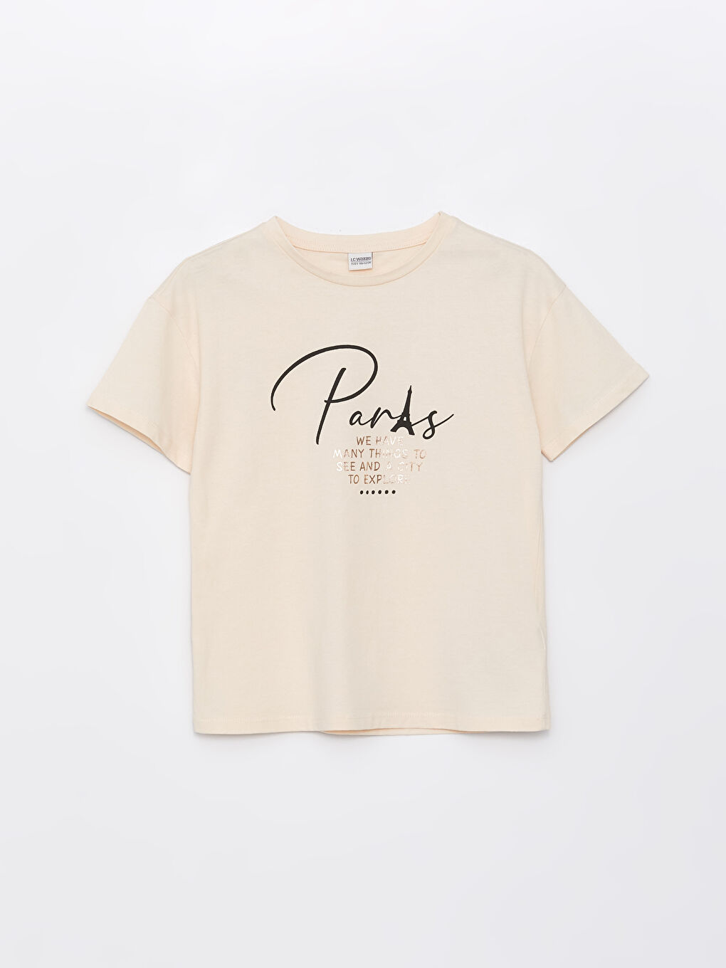 Bej Bisiklet Yaka Baskılı Kız Çocuk Tişört