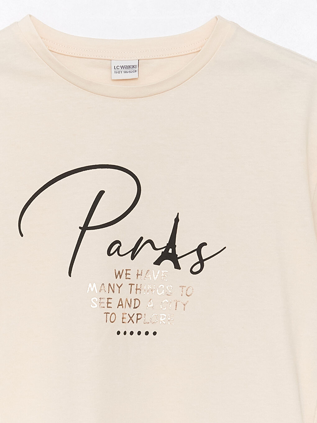 Bej Bisiklet Yaka Baskılı Kız Çocuk Tişört-1