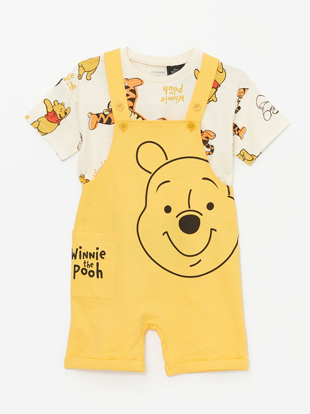 LCW baby Açık Turuncu Bisiklet Yaka Kısa Kollu Winnie the Pooh Baskılı Erkek Bebek Tişört ve Salopet 2'li Takım - 3