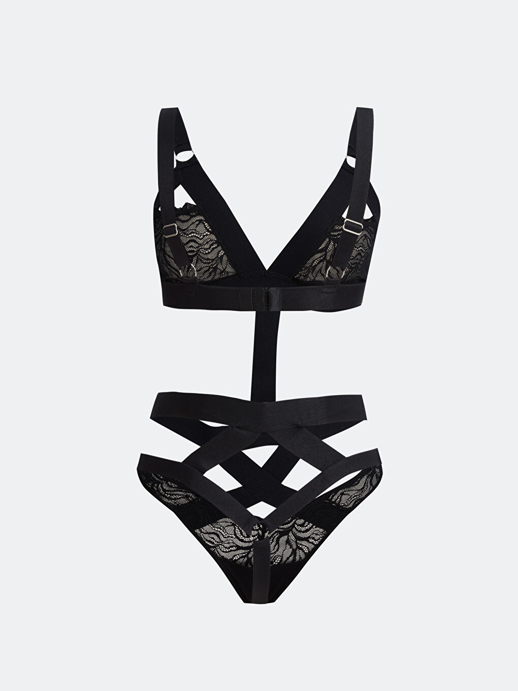 Siyah V Yaka Pencere Detaylı Dantelli Bodysuit-1