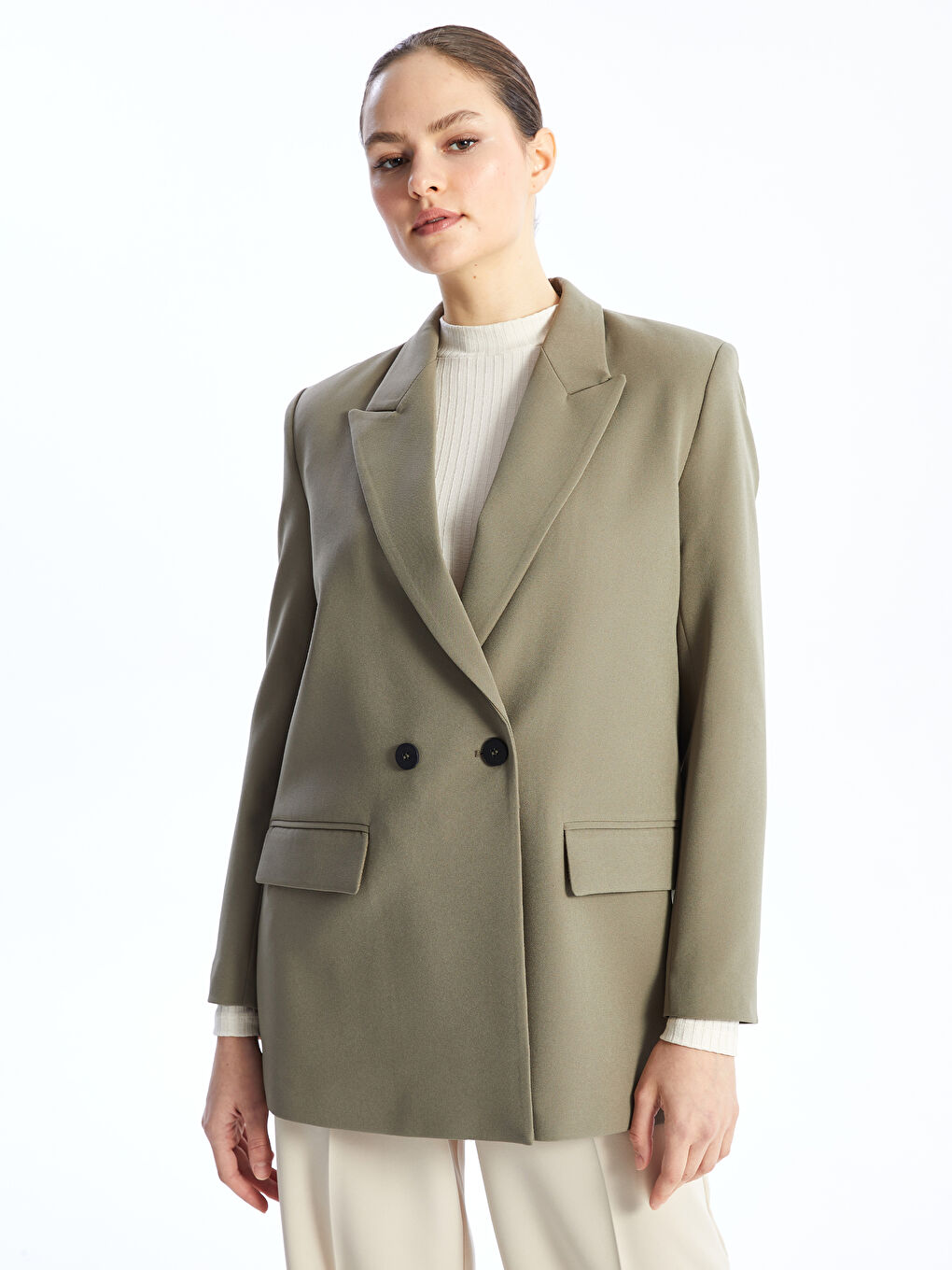 LCW Modest Haki Düz Uzun Kollu Kadın Blazer Ceket