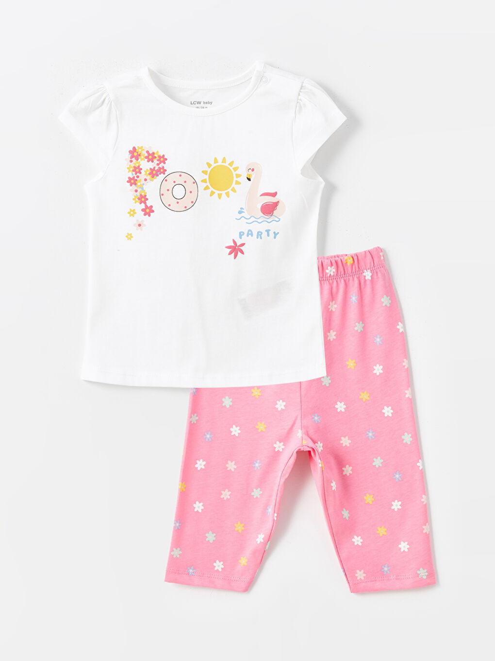 LCW baby Optik Beyaz Bisiklet Yaka Kısa Kollu Baskılı Kız Bebek Pijama Takımı