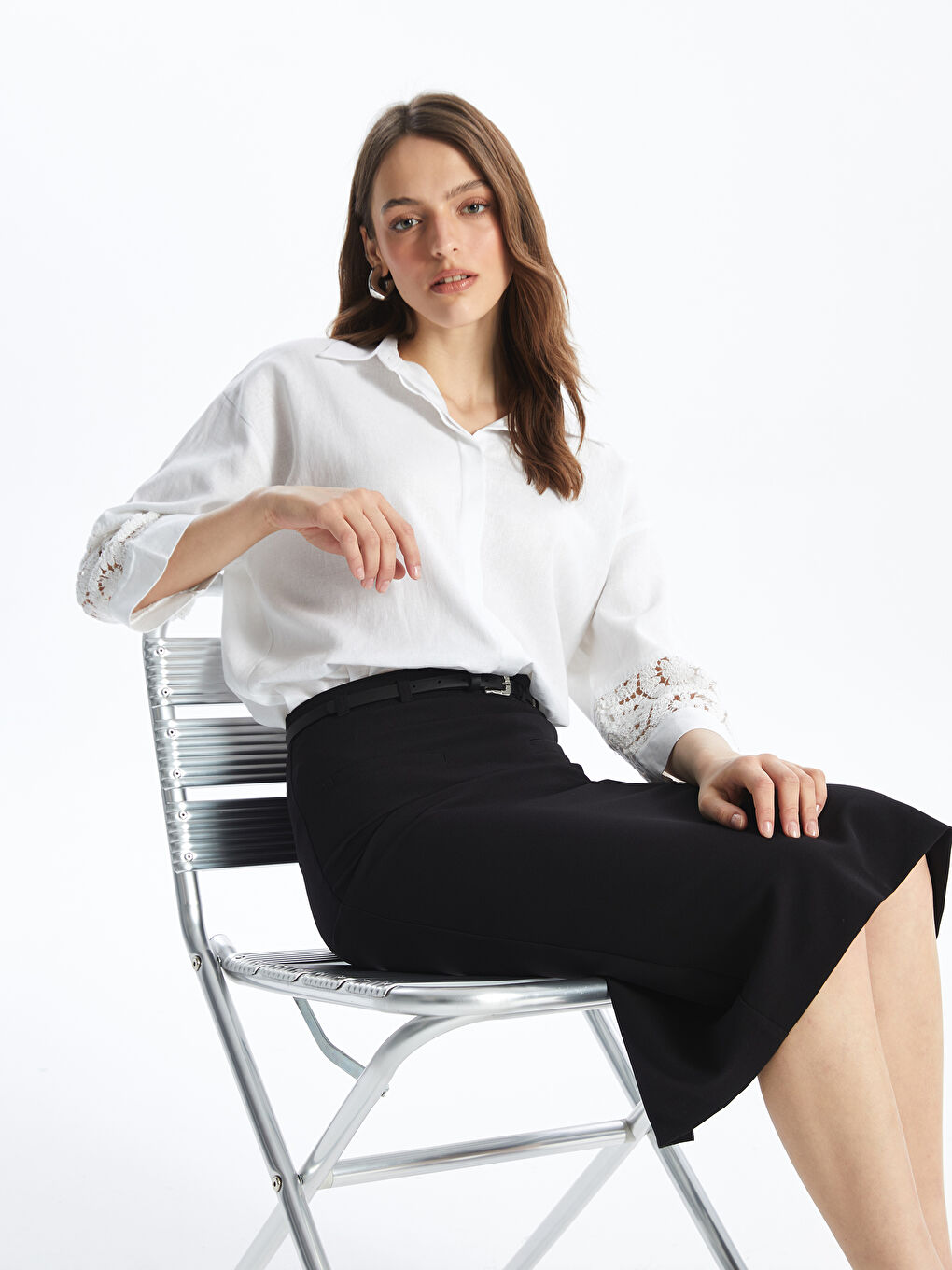 Crochet Detailed Linen Blend Oversize Women's Shirt -S4H838Z8-FE8