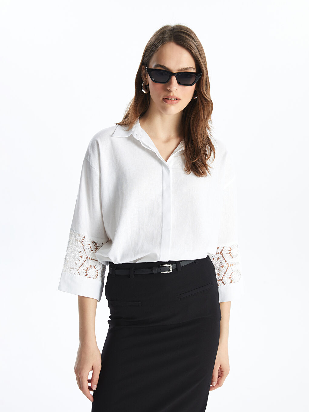 Crochet Detailed Linen Blend Oversize Women's Shirt -S4H838Z8-FE8