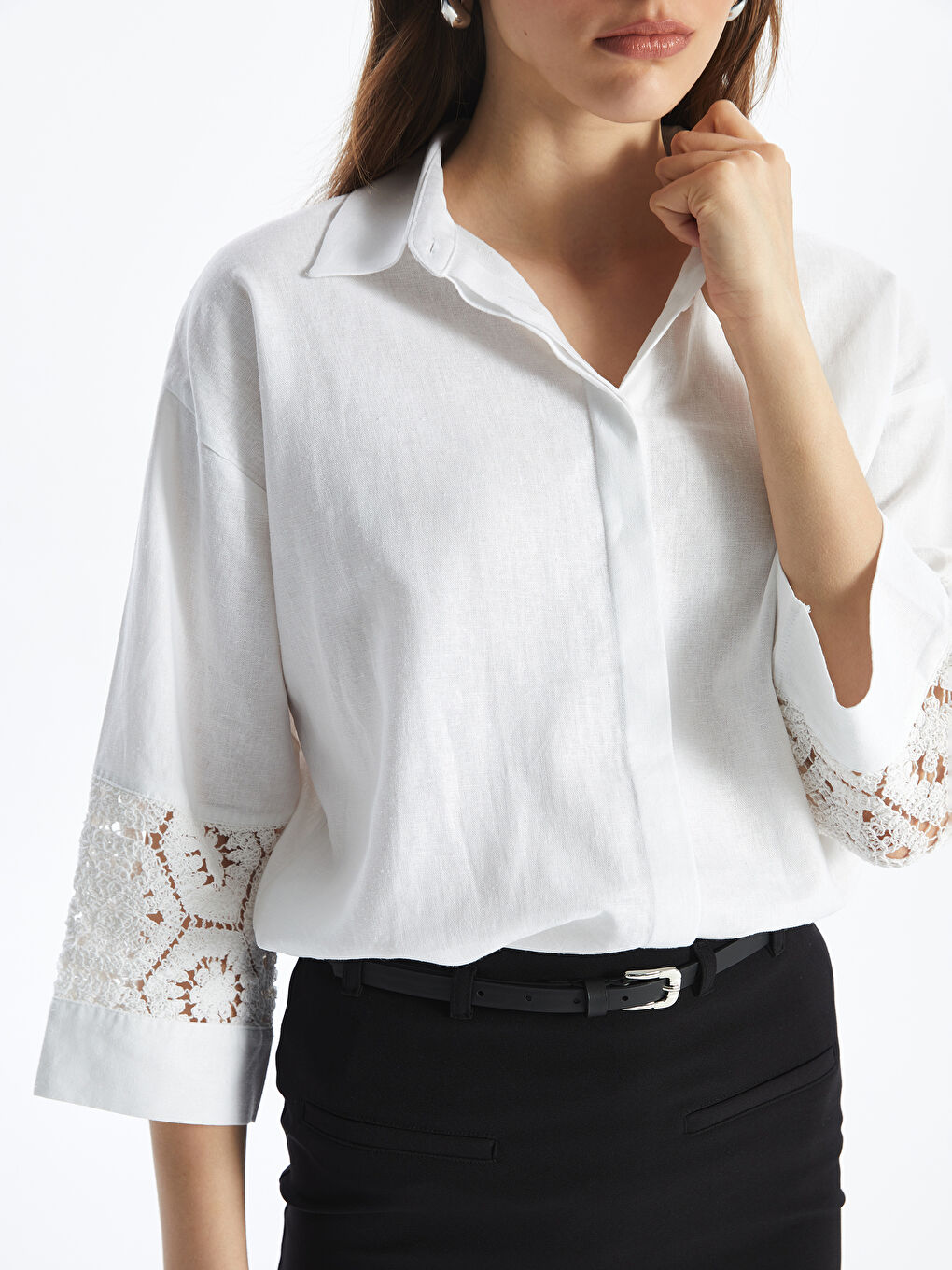 Crochet Detailed Linen Blend Oversize Women's Shirt -S4H838Z8-FE8