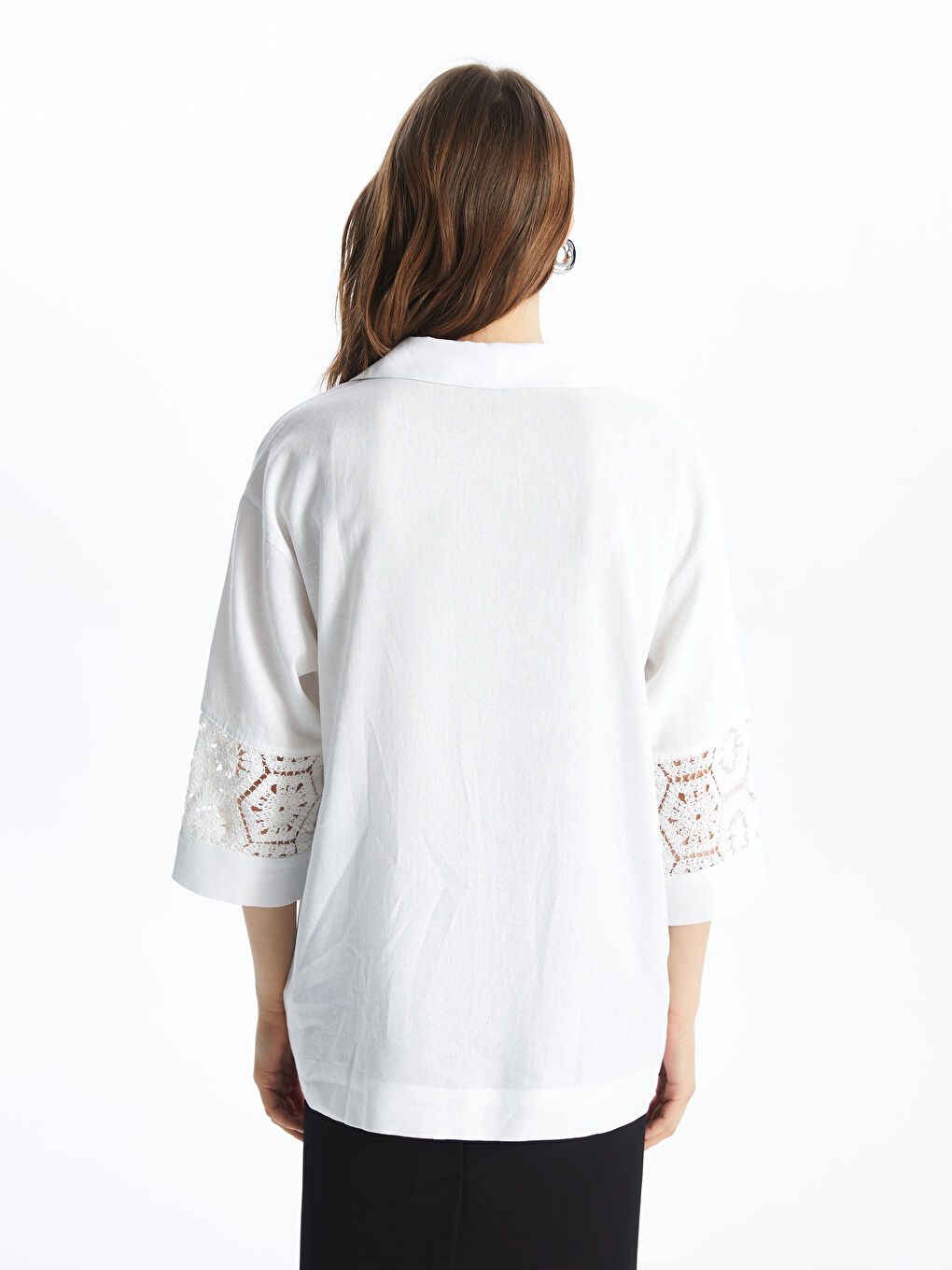Crochet Detailed Linen Blend Oversize Women's Shirt -S4H838Z8-FE8