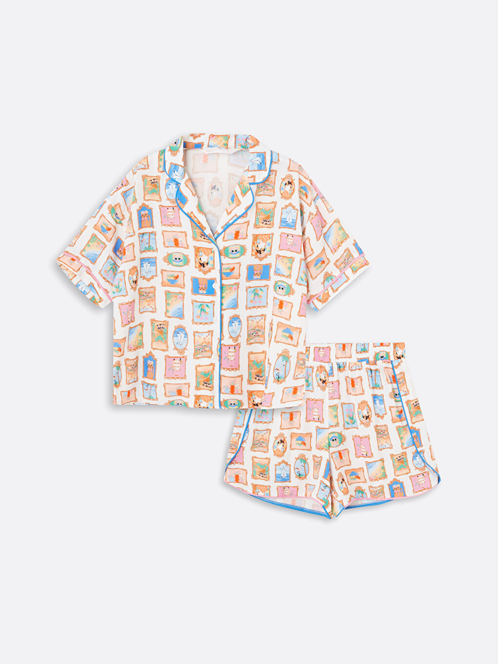 Ekru Beli Lastikli Baskılı Kadın Şort Pijama Altı