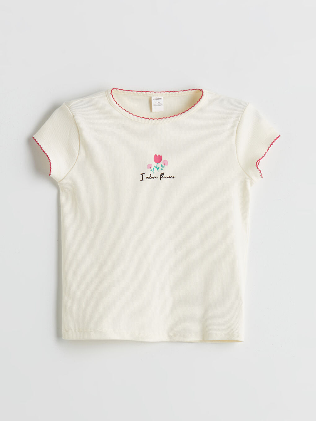 Bej Bisiklet Yaka Çiçekli Kız Çocuk Tişört