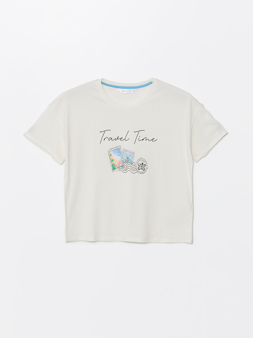 Ekru Bisiklet Yaka Baskılı Kısa Kollu Kadın Pijama Üst