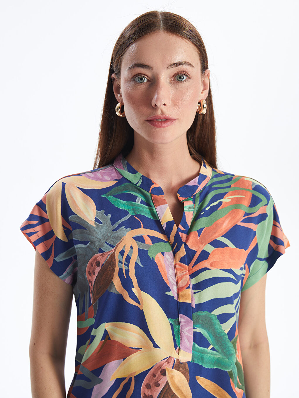 Henley Neckline Floral Short Sleeve Women's Blouse -S4H927Z8-LSJ