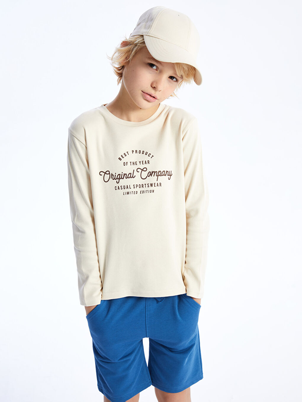 Bej Bisiklet Yaka Baskılı Uzun Kollu Erkek Çocuk Tişört