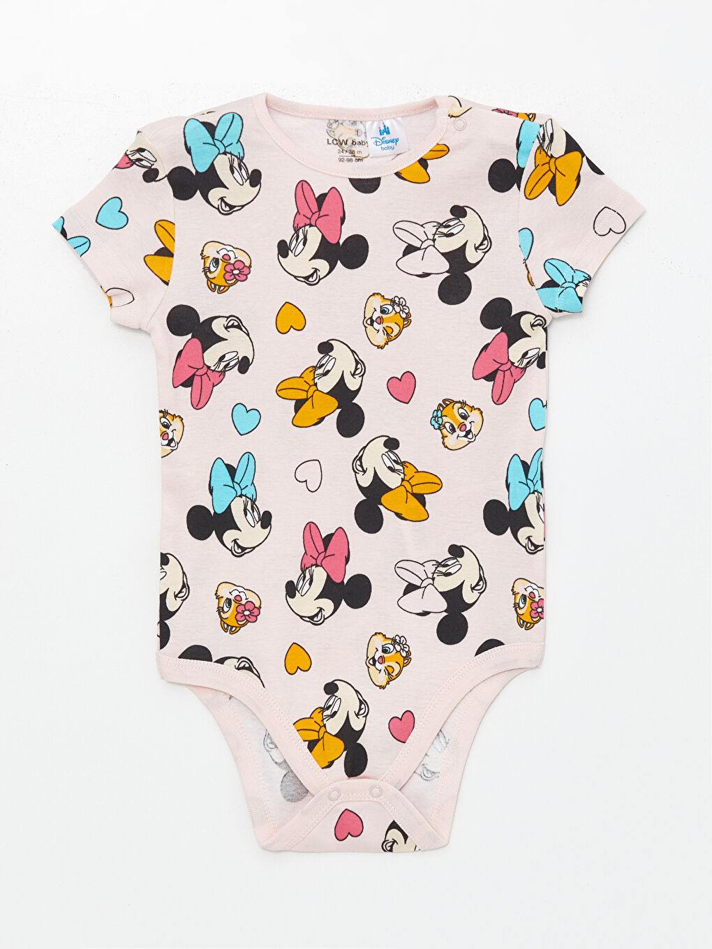 LCW baby Pembe Bisiklet Yaka Minnie Mouse Baskılı Kız Bebek Çıtçıtlı Body