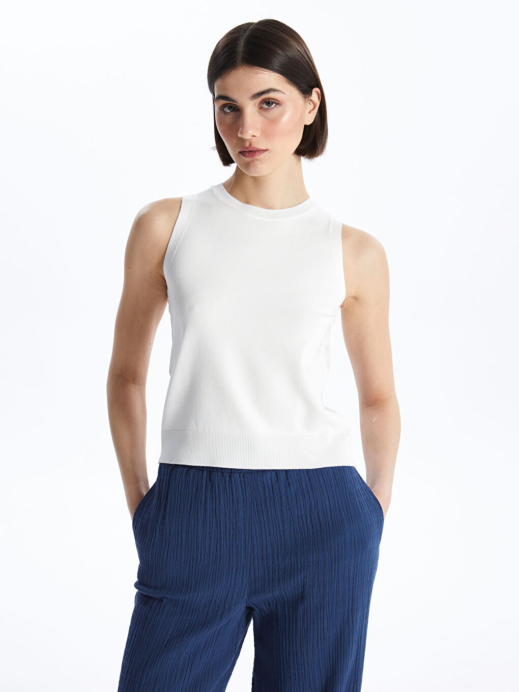 Women's Crew Neck Plain Knitwear Tank Top -S4HE25Z8-R9J
