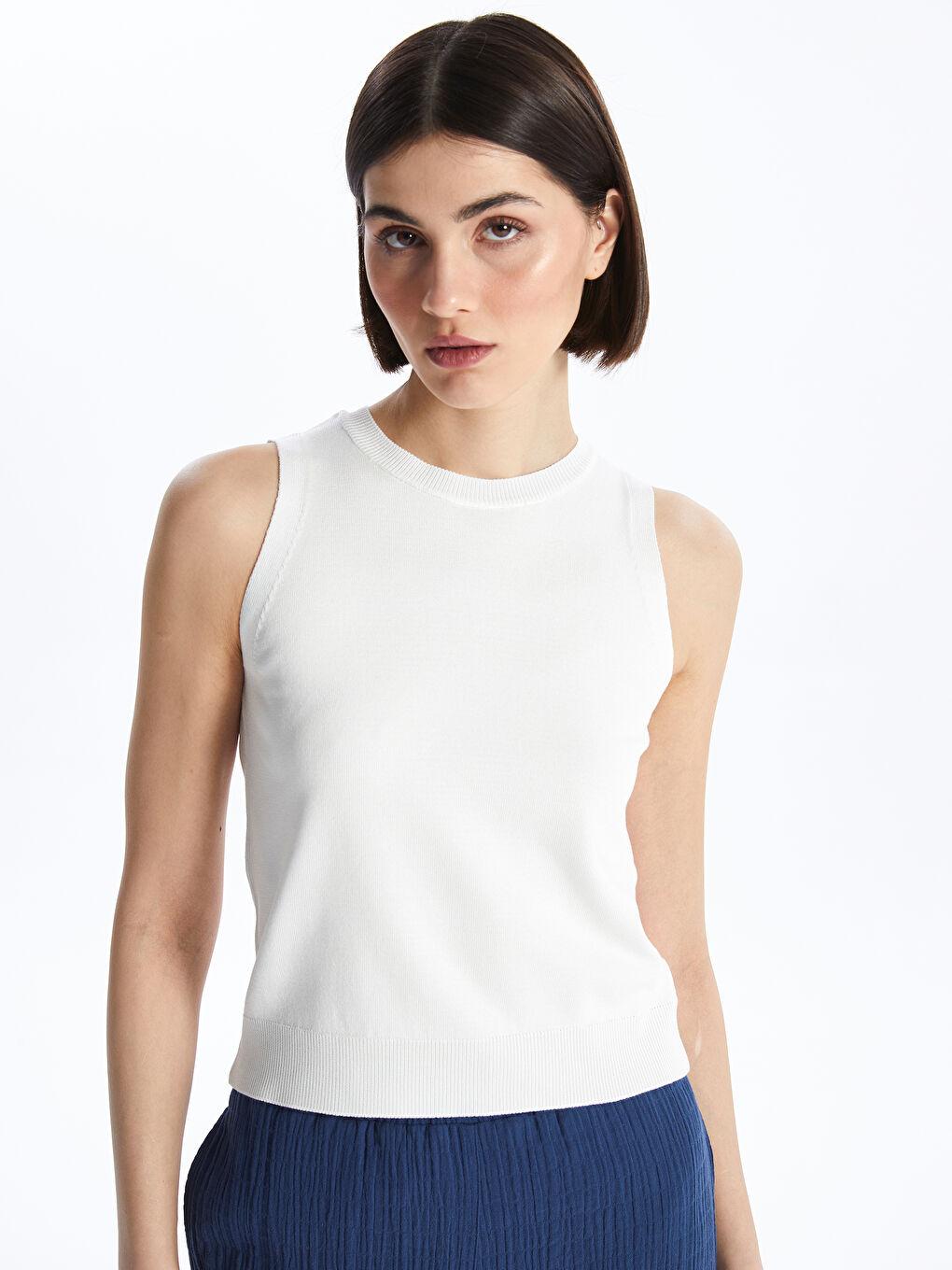 Women's Crew Neck Plain Knitwear Tank Top -S4HE25Z8-R9J
