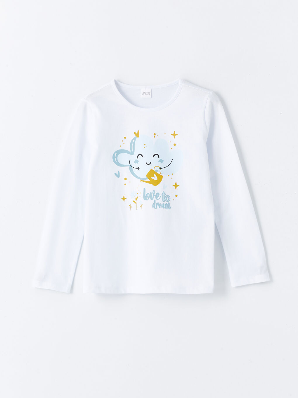 Beyaz Bisiklet Yaka Baskılı Uzun Kollu Kız Çocuk Pijama Üst