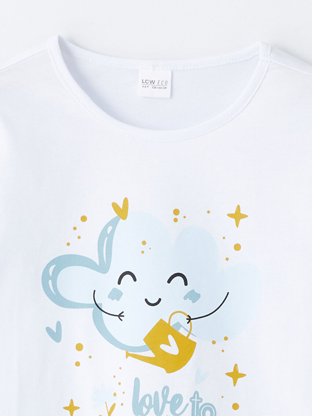 Beyaz Bisiklet Yaka Baskılı Uzun Kollu Kız Çocuk Pijama Üst-2