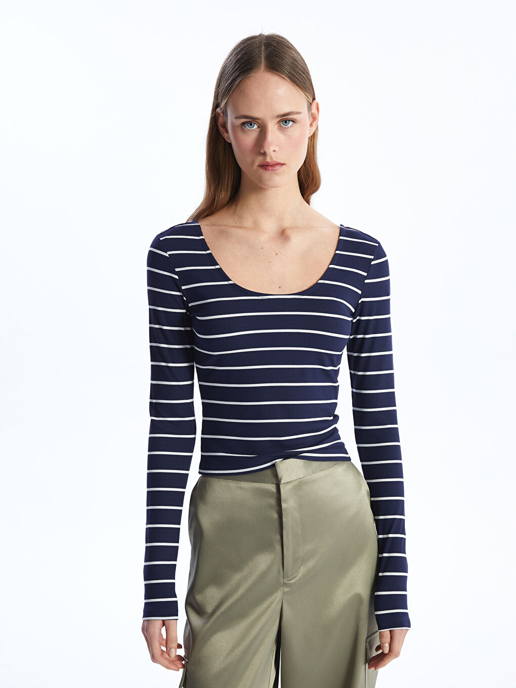 U-Neck Striped Long Sleeve Women's Crop -S4HF62Z8-LJX