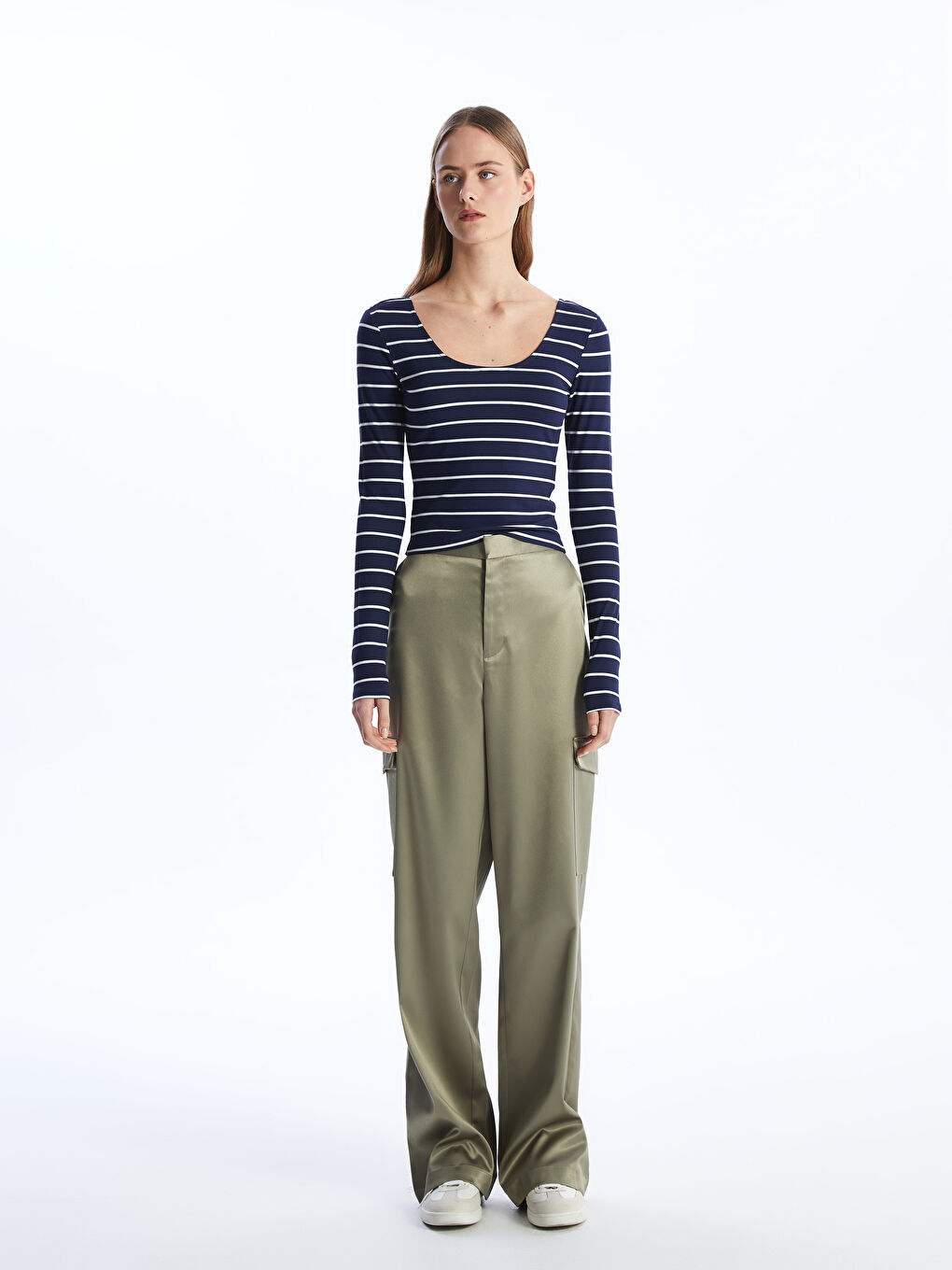 U-Neck Striped Long Sleeve Women's Crop -S4HF62Z8-LJX