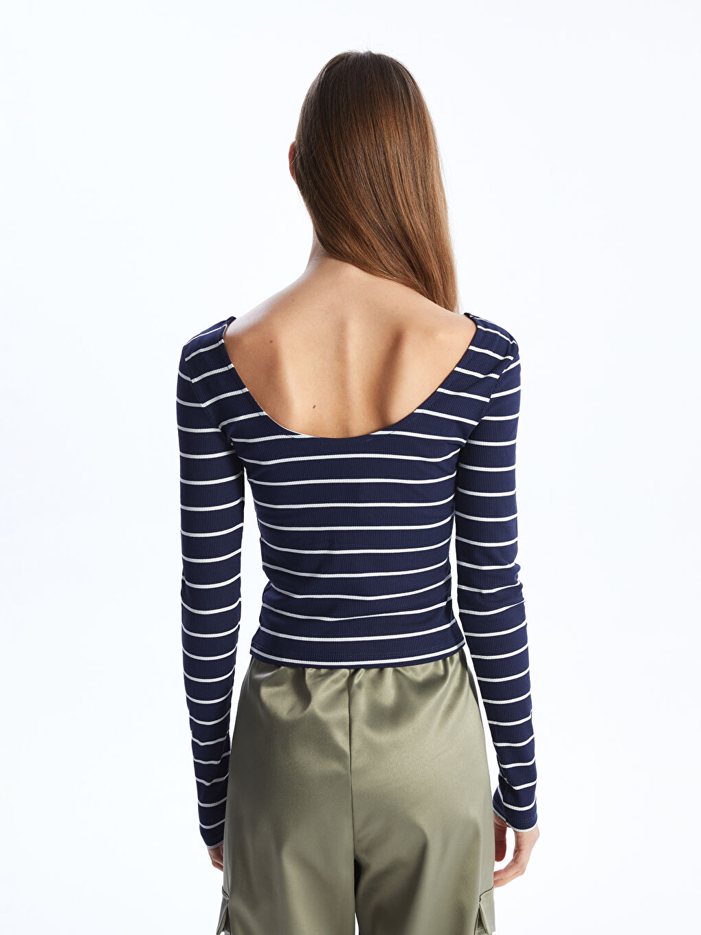 U-Neck Striped Long Sleeve Women's Crop -S4HF62Z8-LJX
