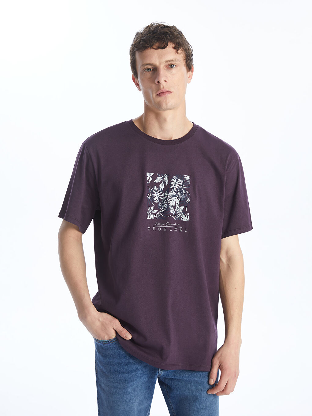 Mürdüm Bisiklet Yaka Kısa Kollu Baskılı Penye Erkek Tişört