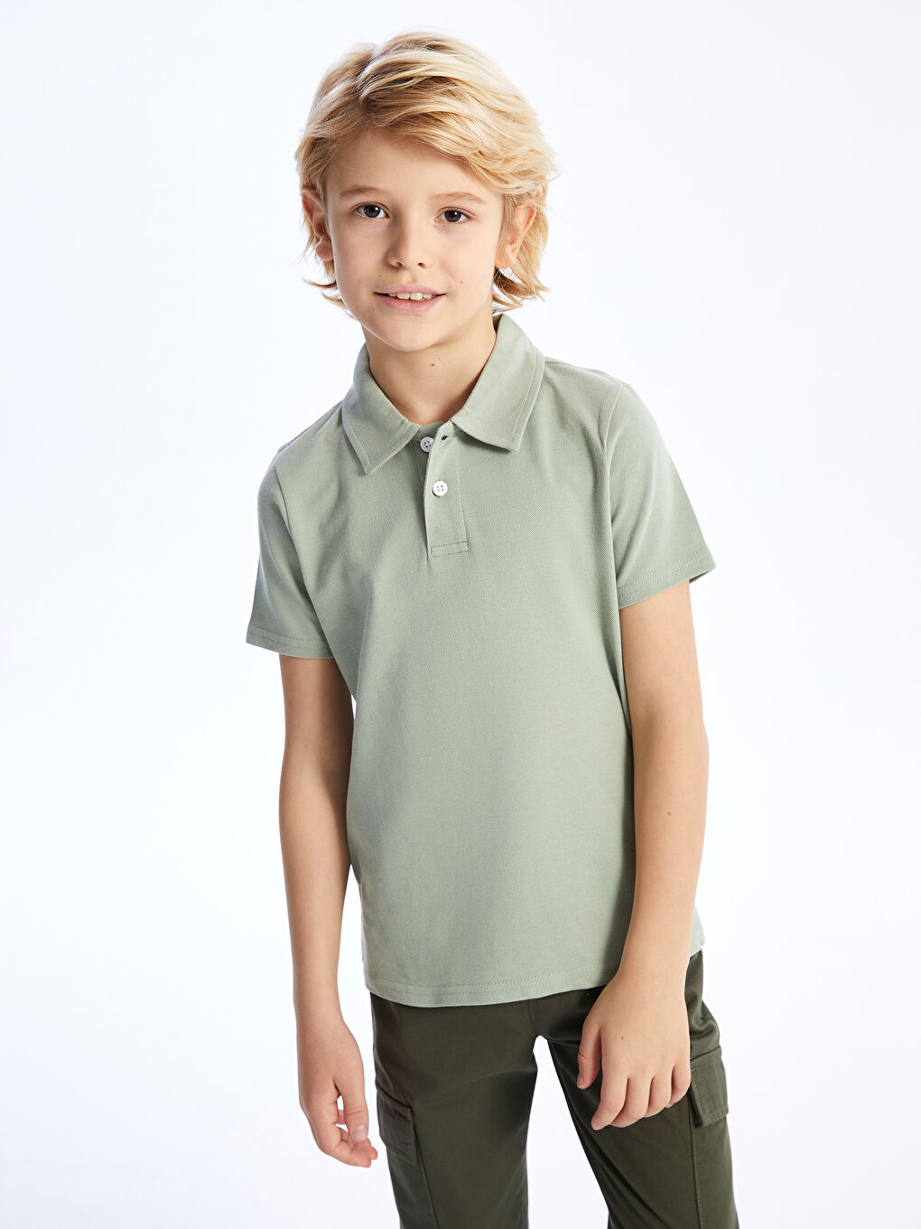 Haki Polo Yaka Basic Kısa Kollu Erkek Çocuk Tişört-2