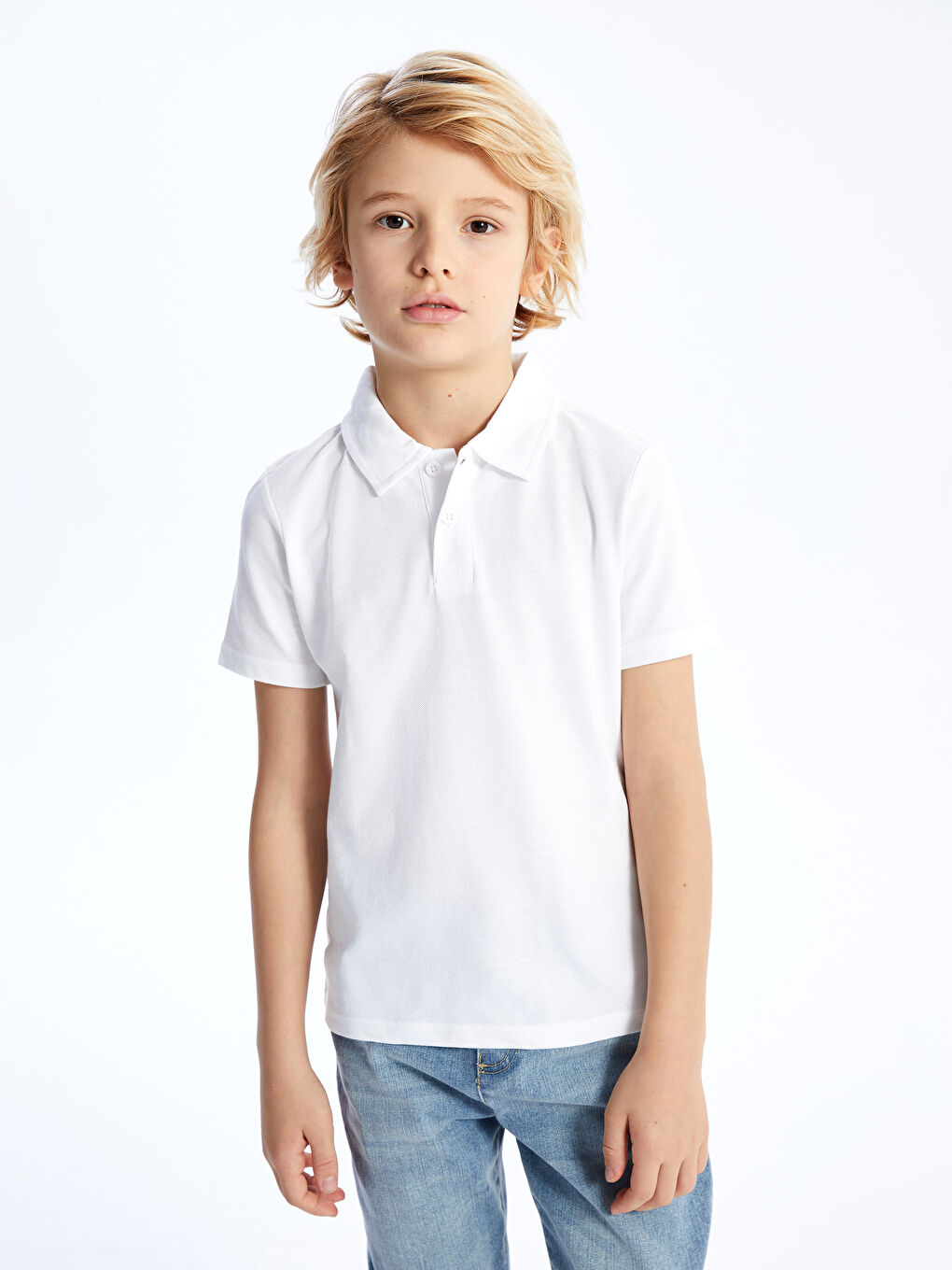 Beyaz Polo Yaka Basic Kısa Kollu Erkek Çocuk Tişört-1