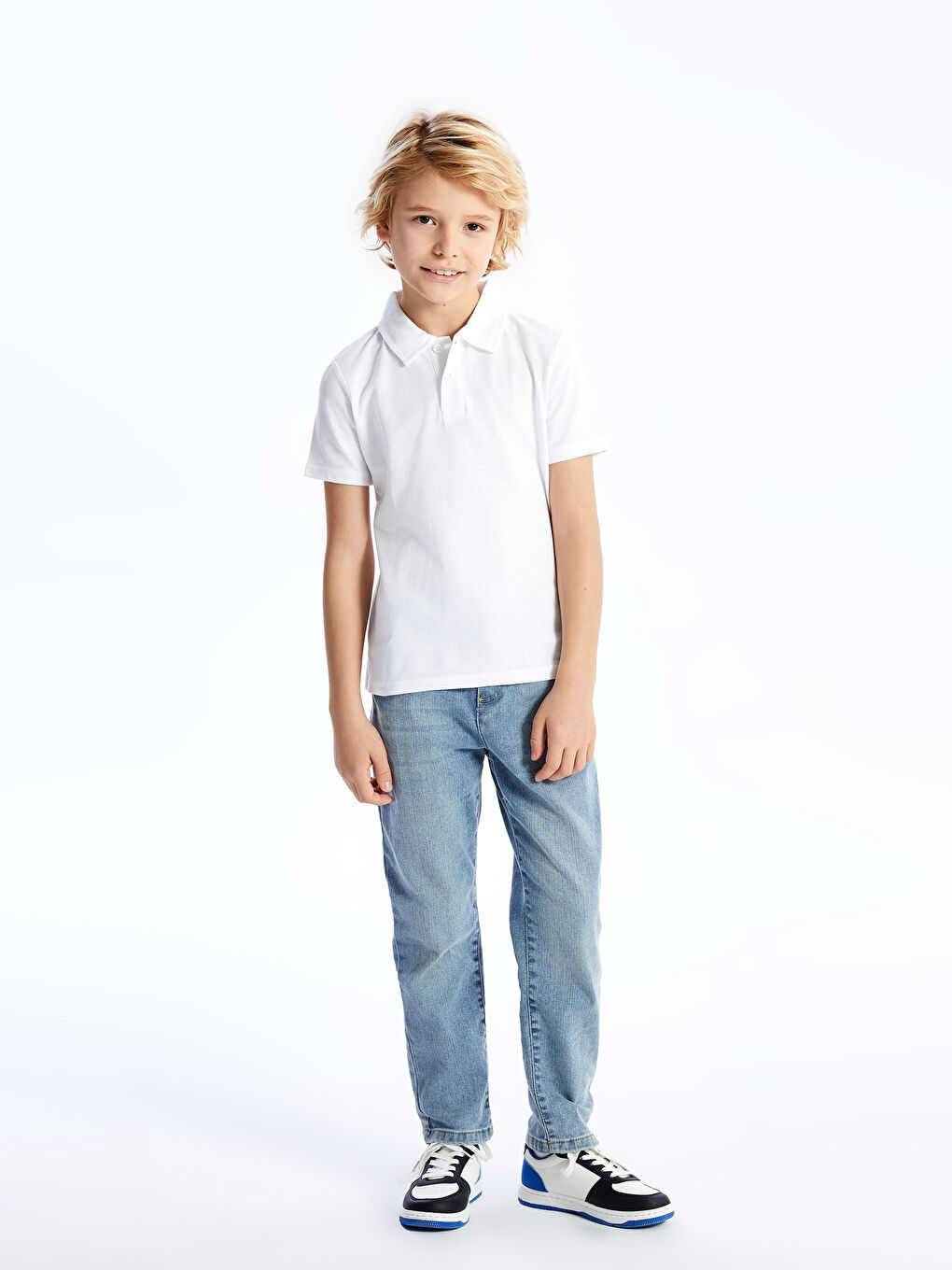 Beyaz Polo Yaka Basic Kısa Kollu Erkek Çocuk Tişört-2