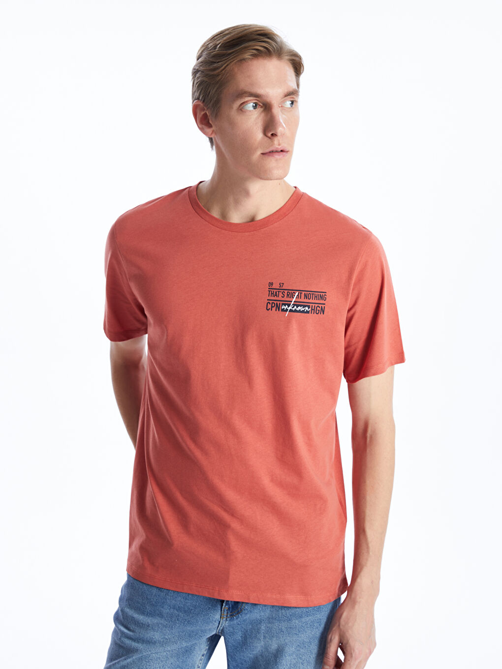 Kahverengi Bisiklet Yaka Kısa Kollu Baskılı Penye Erkek Tişört