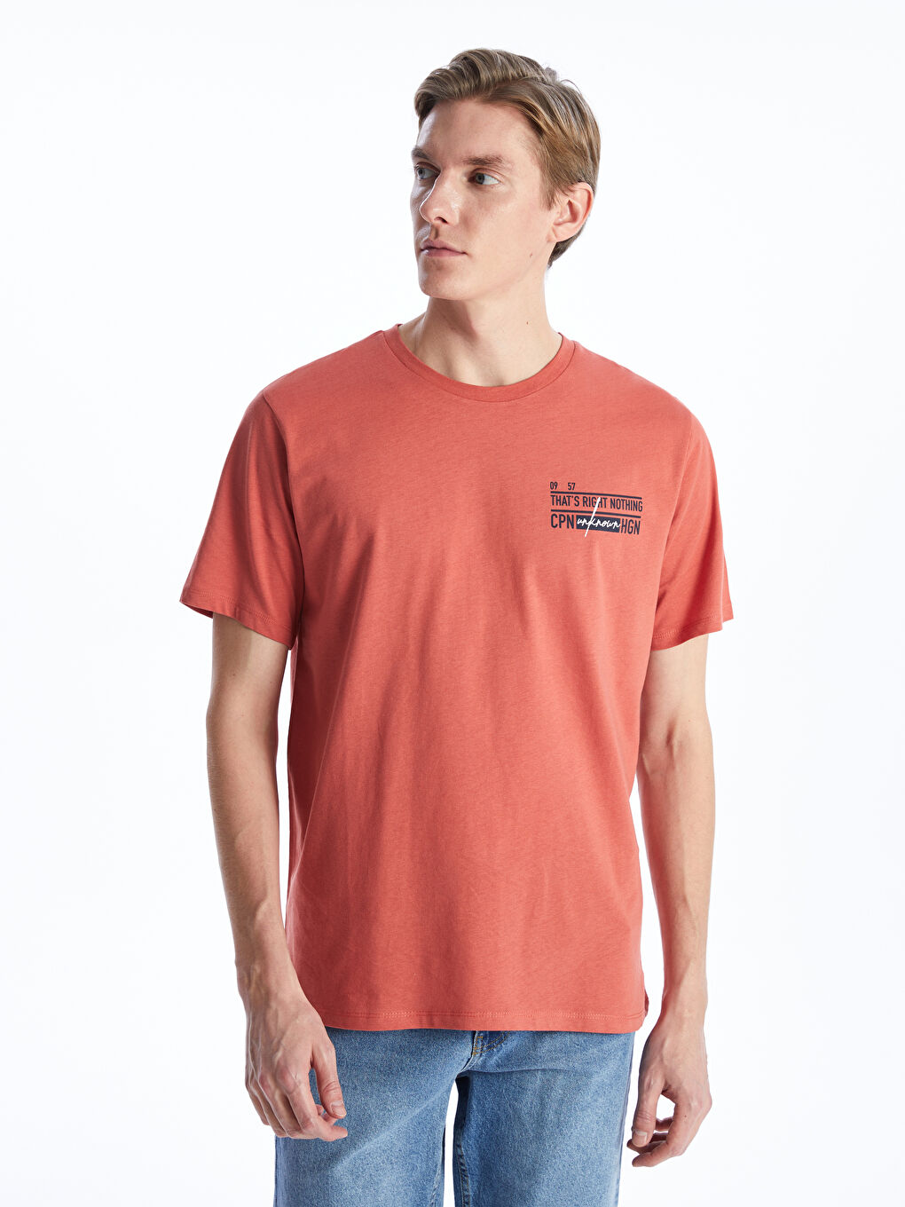 Kahverengi Bisiklet Yaka Kısa Kollu Baskılı Penye Erkek Tişört-1