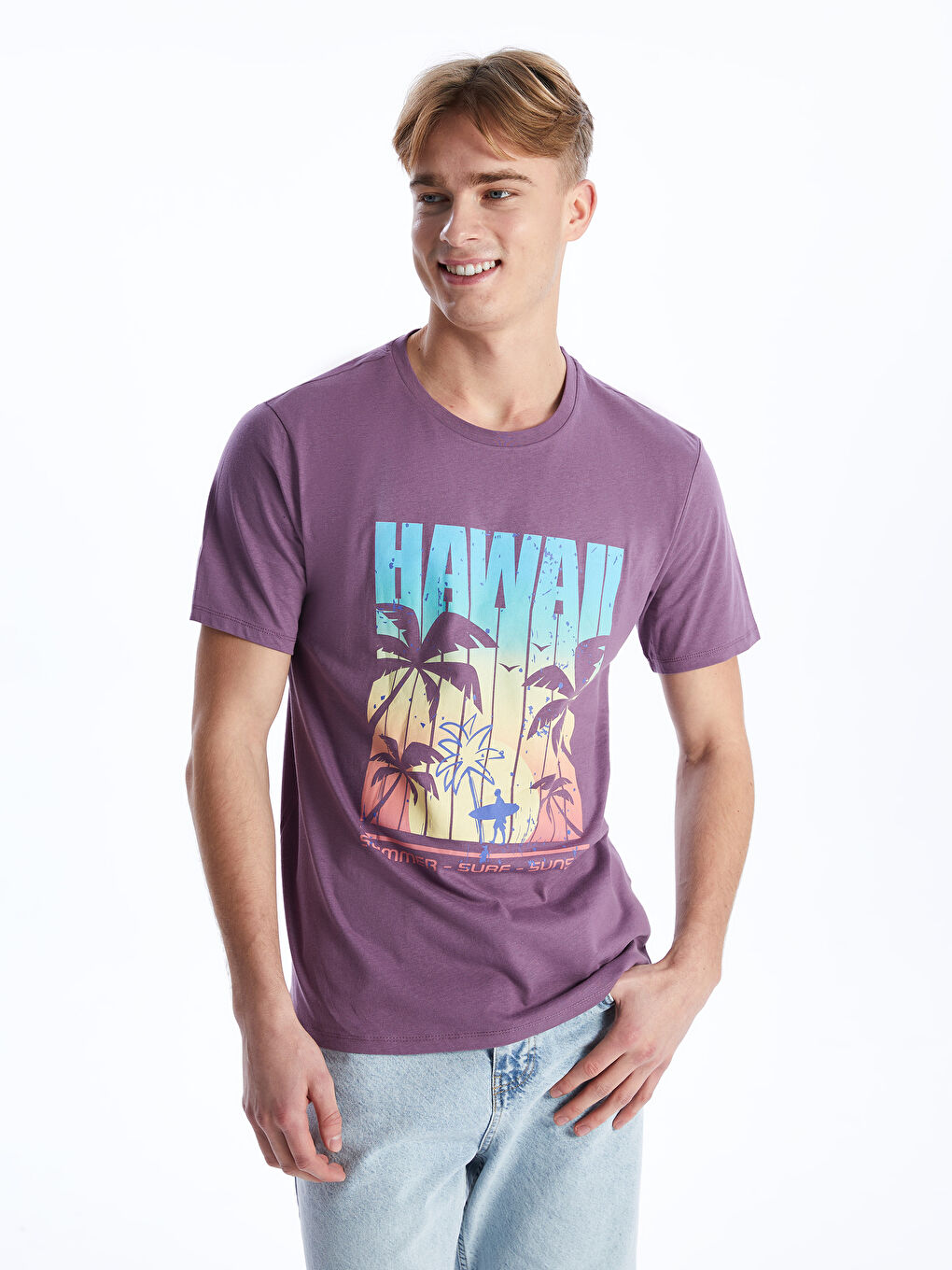 Mor Bisiklet Yaka Kısa Kollu Baskılı Penye Erkek Tişört