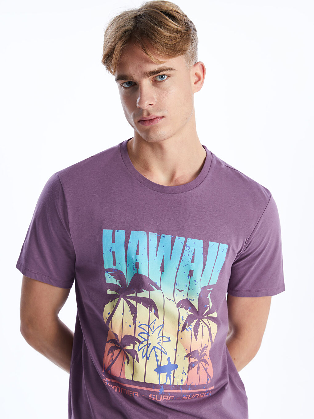 Mor Bisiklet Yaka Kısa Kollu Baskılı Penye Erkek Tişört-1