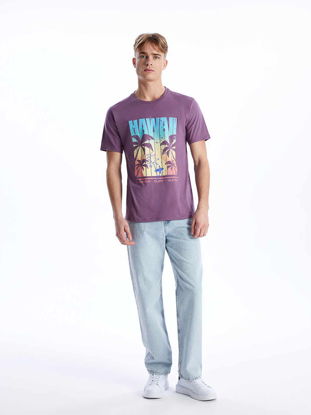 Mor Bisiklet Yaka Kısa Kollu Baskılı Penye Erkek Tişört-2