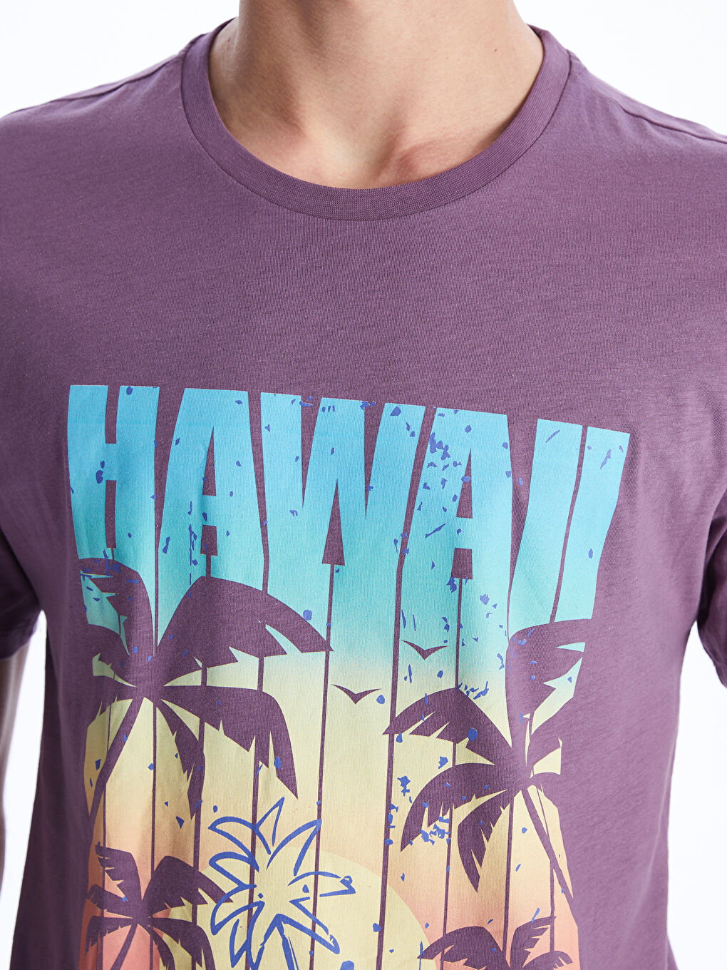 Mor Bisiklet Yaka Kısa Kollu Baskılı Penye Erkek Tişört-3