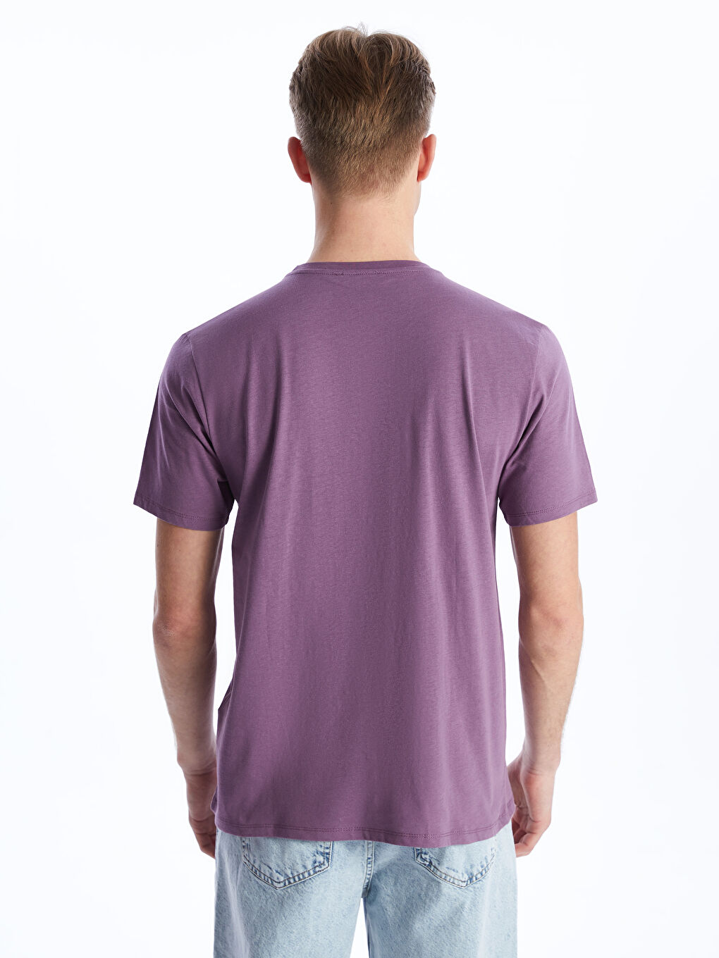 Mor Bisiklet Yaka Kısa Kollu Baskılı Penye Erkek Tişört-4