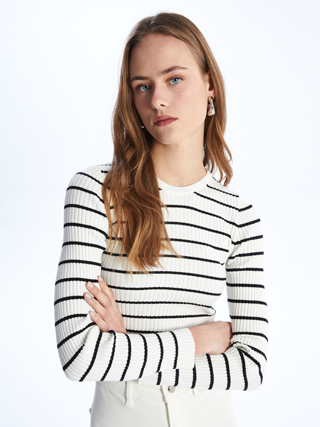 Crew Neck Striped Long Sleeve Women's Tricot Sweater -S4HI38Z8-LFC