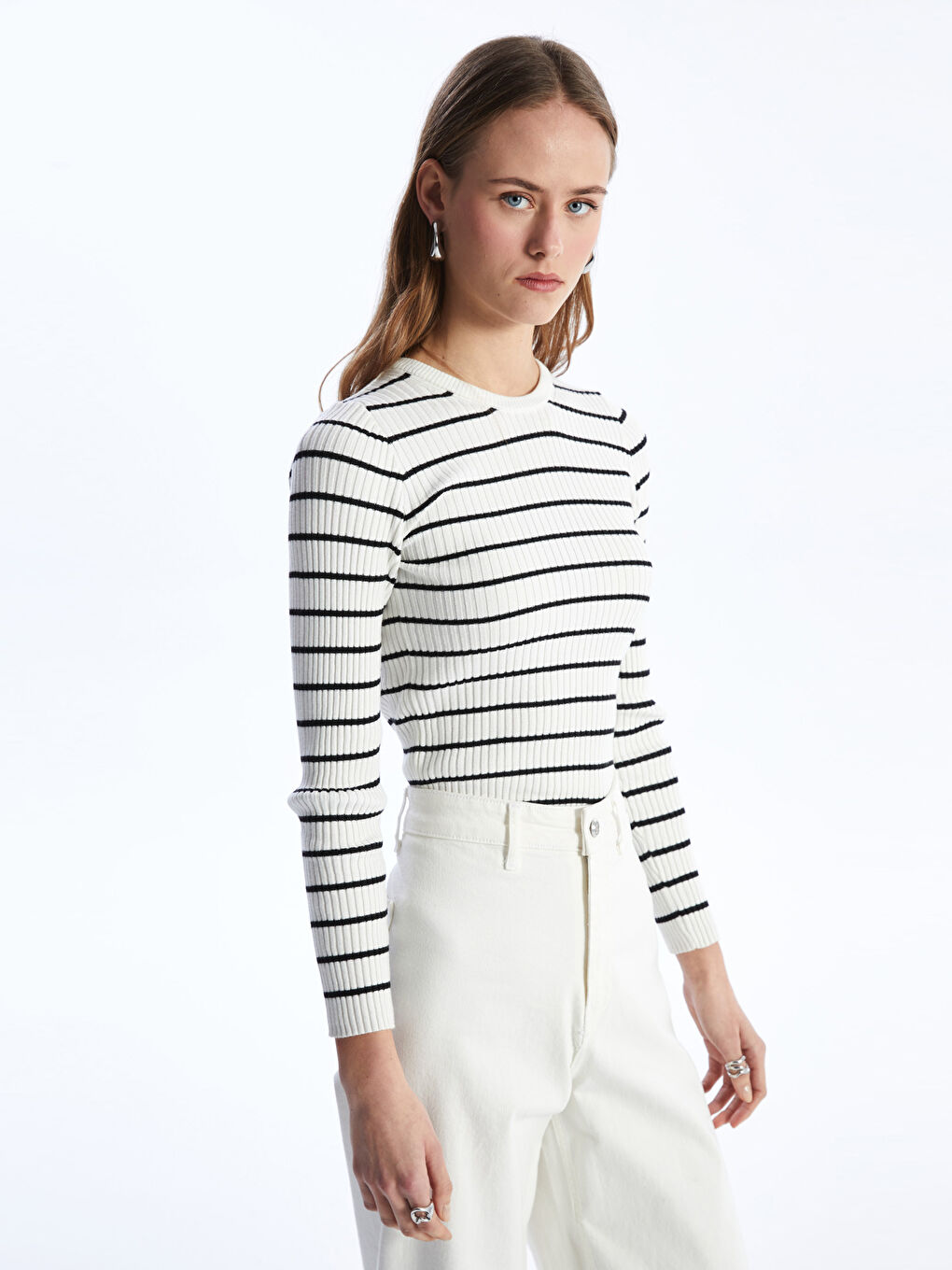 Crew Neck Striped Long Sleeve Women's Tricot Sweater -S4HI38Z8-LFC