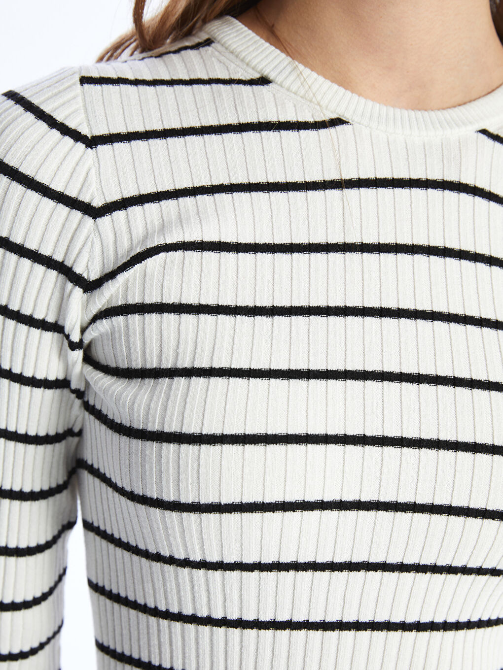 Crew Neck Striped Long Sleeve Women's Tricot Sweater -S4HI38Z8-LFC