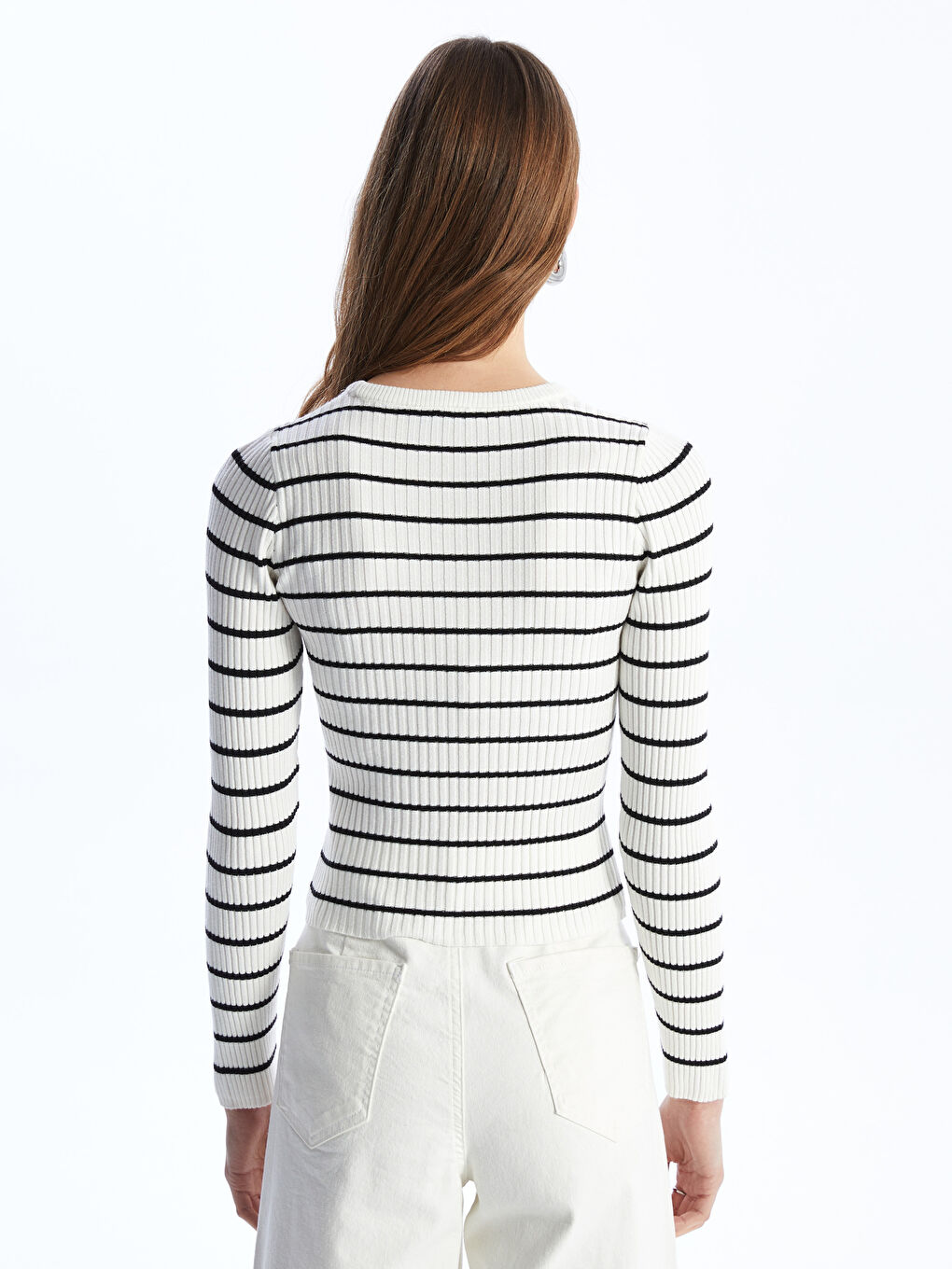 Crew Neck Striped Long Sleeve Women's Tricot Sweater -S4HI38Z8-LFC
