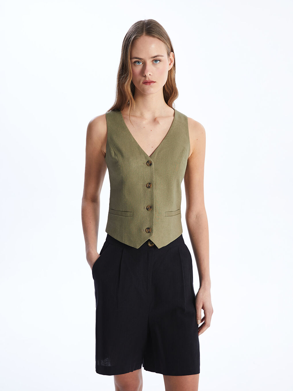 V-Neck Plain Linen Blend Women's Classic Vest -S4HI90Z8-SRZ