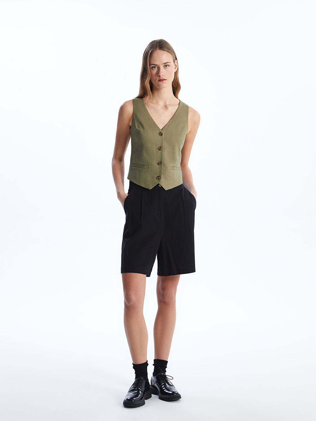 V-Neck Plain Linen Blend Women's Classic Vest -S4HI90Z8-SRZ