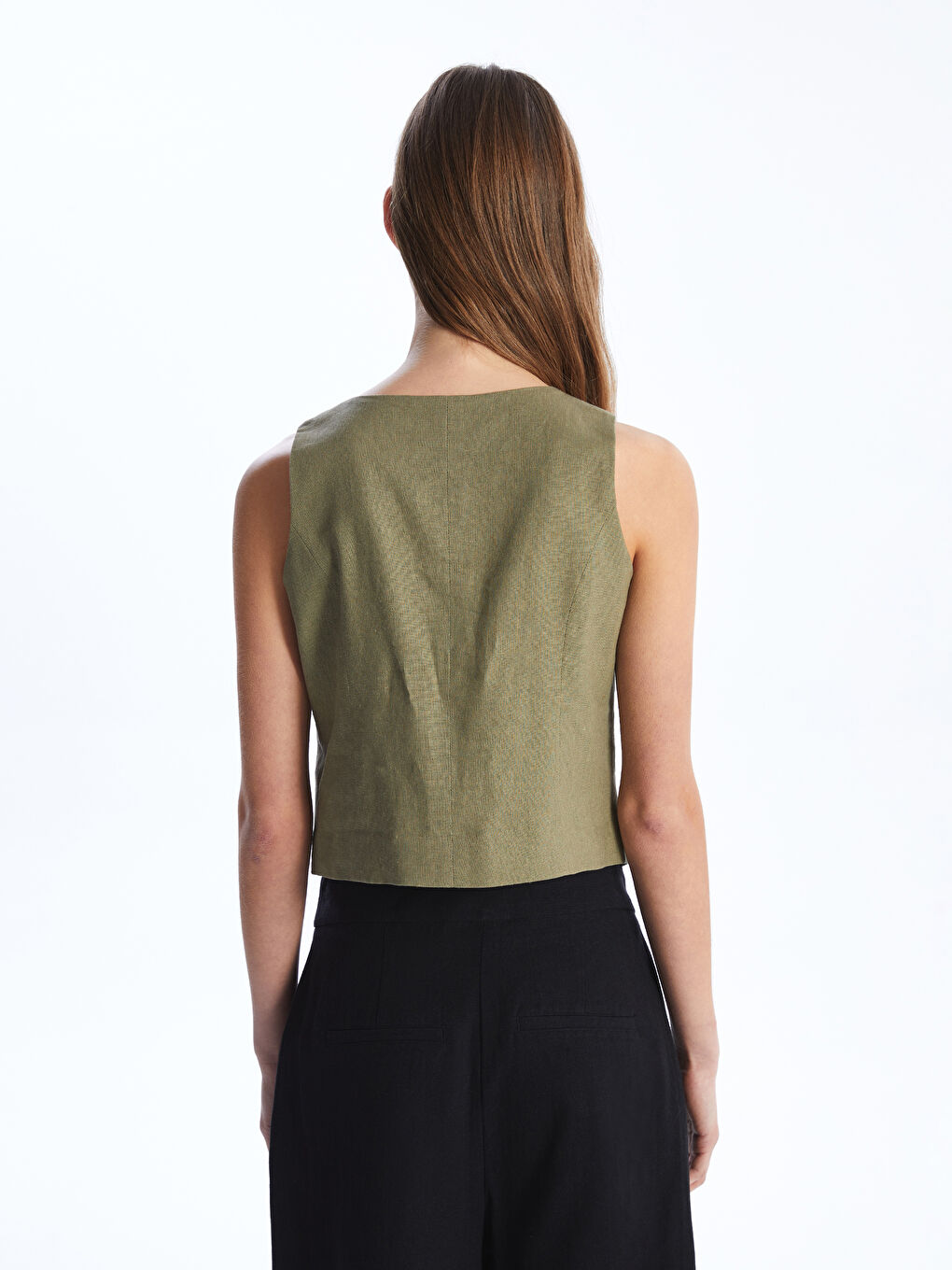 V-Neck Plain Linen Blend Women's Classic Vest -S4HI90Z8-SRZ